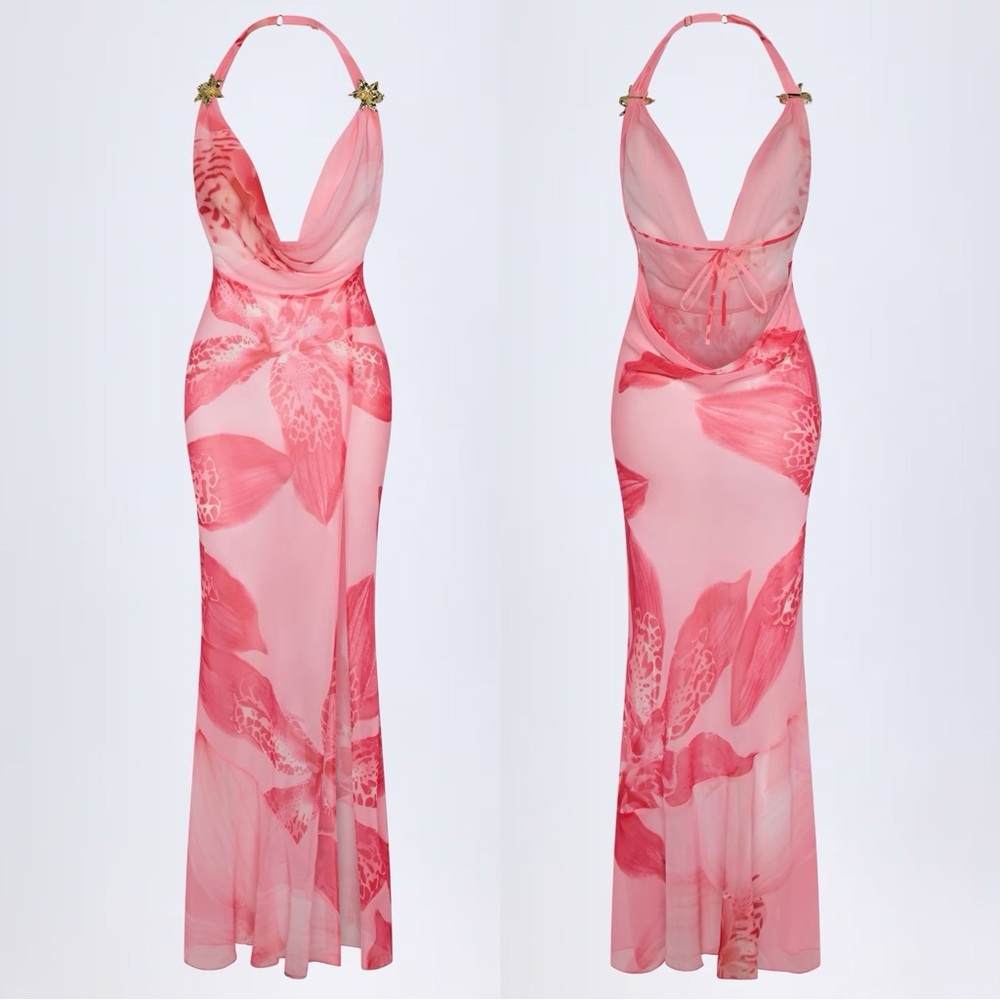 Oh Polly Taveuni Cowl-Neck Hardware-Detail Maxi Dress in Pink Orchid